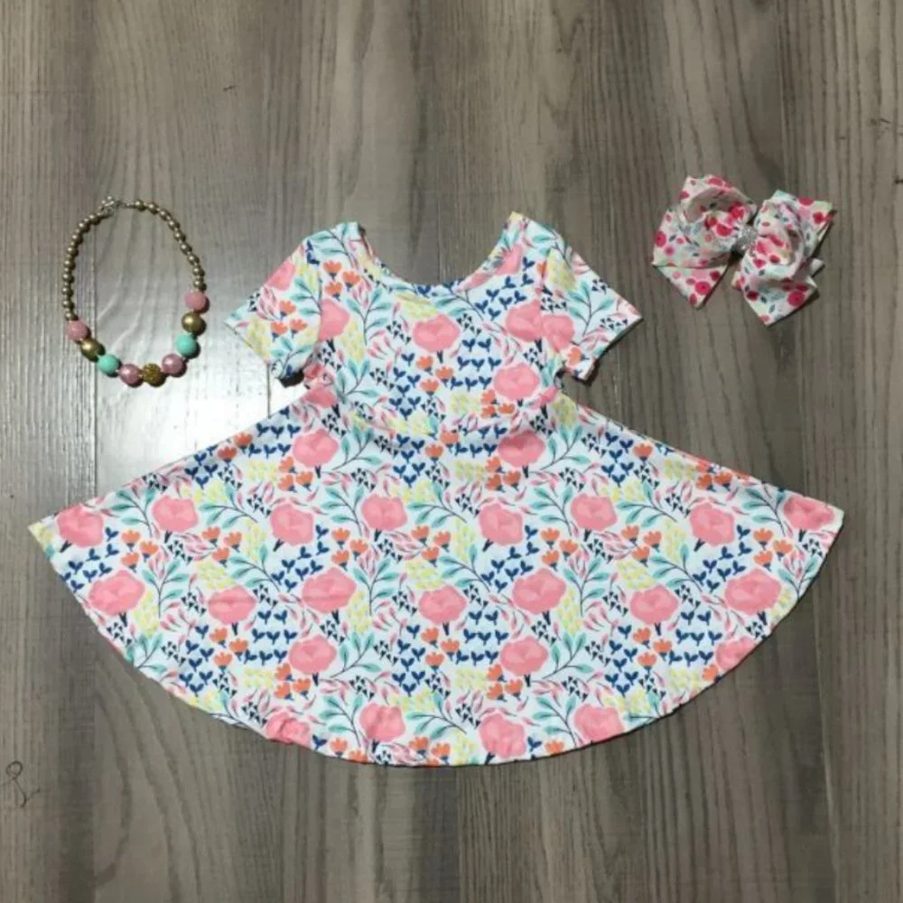 Boutique Floral Girls Short Sleeve Twirl Dress